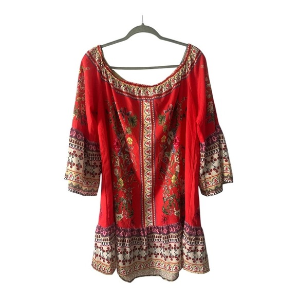 Umgee Red Boho Off Shoulder Mini Shift Dress, Large - Picture 5 of 7